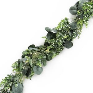 6 ft. Deluxe Frosted Green Artificial Mixed Eucalyptus Leaf Vine Hanging Plant Greenery Foliage Garland with LED Lights