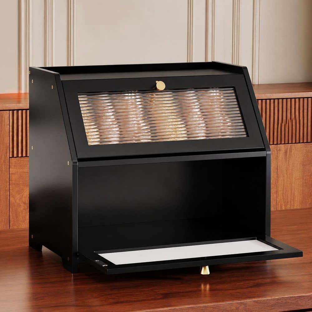1 Piece Black Bamboo Bread Box with Magnetic Door, Acrylic Front, Flat Top Storage, 2 Layer Organizer