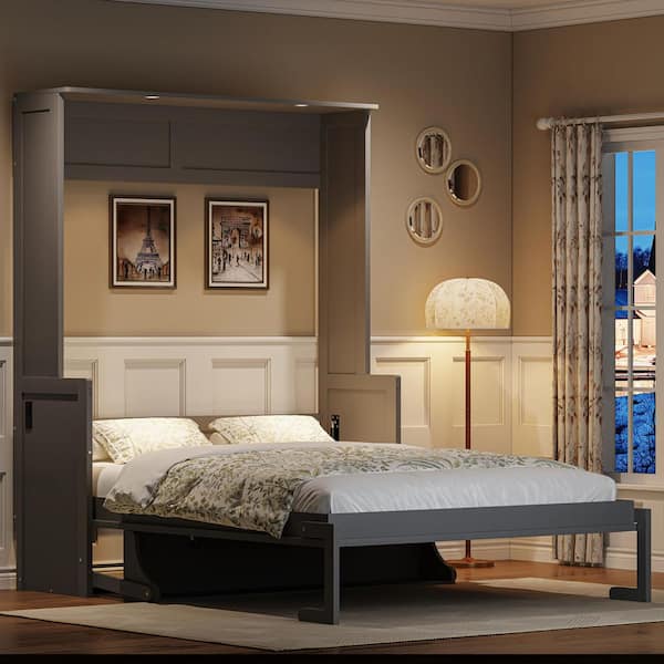 Gray Wood Frame Queen Size Murphy Bed with Desk, LED Lights and USB Charging
