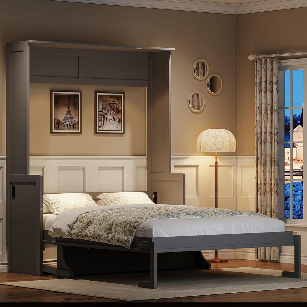 Gray Wood Frame Queen Size Murphy Bed with Desk, LED Lights and USB Charging