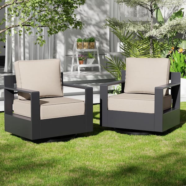 2-Piece Aluminum Armrest Outdoor Rocking Chair Set with Deep Seating and Beige Cushions