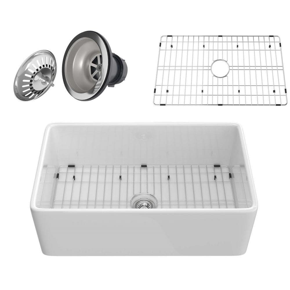 Fireclay 33 in. White Single Bowl Undermount Kitchen Sink with Bottom Grid 