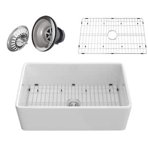 Fireclay 33 in. White Single Bowl Undermount Kitchen Sink with Bottom Grid and Kitchen Sink Drain