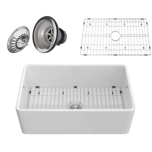 Unbranded Fireclay 33 in. White Single Bowl Undermount Kitchen Sink with Bottom Grid and Kitchen Sink Drain