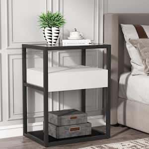 Fenley 1-Drawer White and Black Nightstand Tall Side Table with Storage Shelf 27.5 in. H x 19.6 in. W x 15.7 in. D