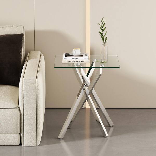 1 Piece 17.72 in. Square Clear Tempered Glass End Table with Silver Metal Legs, Modern Living Room Side Table
