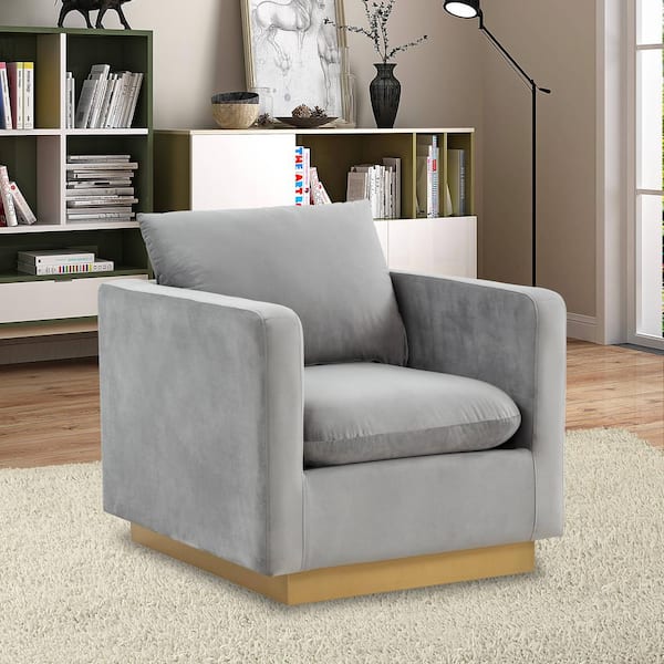 Leisuremod Nervo Modern Gold Frame Light Grey Velvet Upholstered Accent Arm Chair With Removable cushions