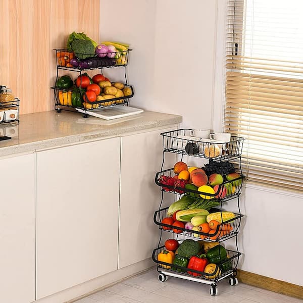 4-Shelf Black Stackable Metal Wire Pantry Organizers with Wheels, Fruit Vegetable Storage Baskets for Kitchen, Pantry