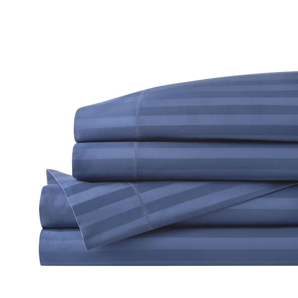 Home Decorators Collection 500 Thread Count Egyptian Cotton Sateen Midnight Blue Damask Stripe 4-Piece California King Sheet Set