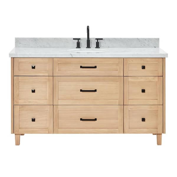 Monroe 60 in. Single Sink Freestanding Bathroom Vanity in Oak with Carrara White Marble Top
