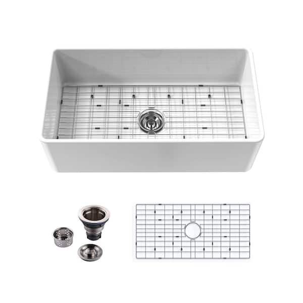 White Fireclay 33 in. L x 18 in. W Rectangular Single Bowl Farmhouse Apron Kitchen Sink with Grid and Strainer
