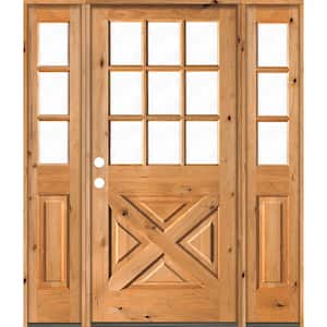 64 in. x 80 in. Alder 2 Panel Right-Hand/Inswing Clear Glass Clear Stain Wood Prehung Front Door w/Double Sidelite