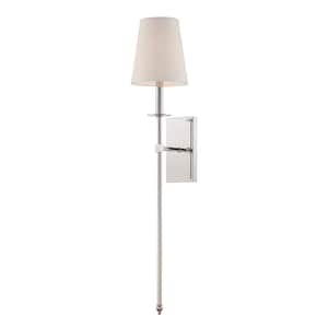 Monroe 6.7 in. W x 33.5 in. H 1-Light Polished Nickel Wall Sconce with White Fabric Shade