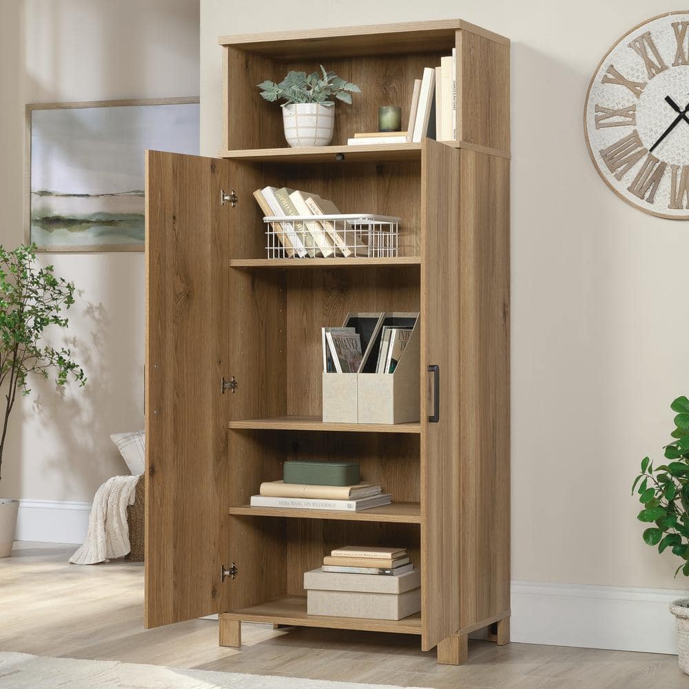 Timber Oak Storage Cabinet with Adjustable Shelving and Black Hardware