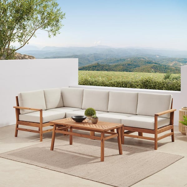 Walker Edison Furniture Company Brown 6-Piece Acacia Modern Patio Corner Sectional Seating Conversation Set with Ivory Cushions