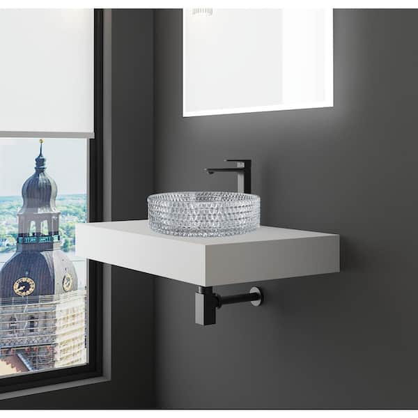 36 in. Wall Mounted Bathroom Countertop Shelf in White Solid Surface with Clear Round Glass Vessel Sink
