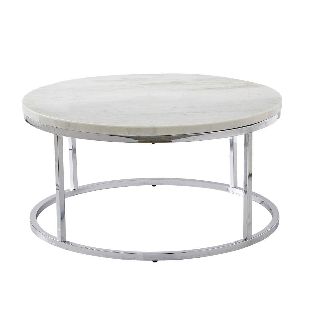 Echo Round White Marble and Chrome Metal Cocktail Table, 36"