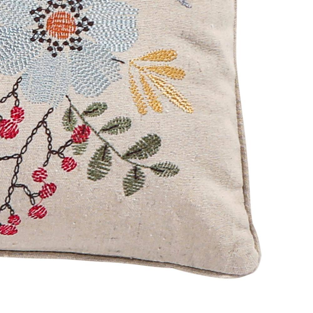 Angelica Linen Embroidered Bird and Floral Throw Pillow