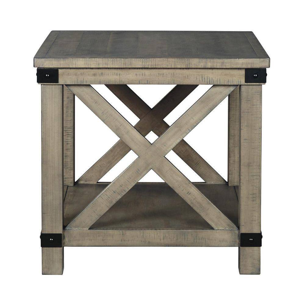 Gray Farmhouse Crossbuck End Table with Open Shelf
