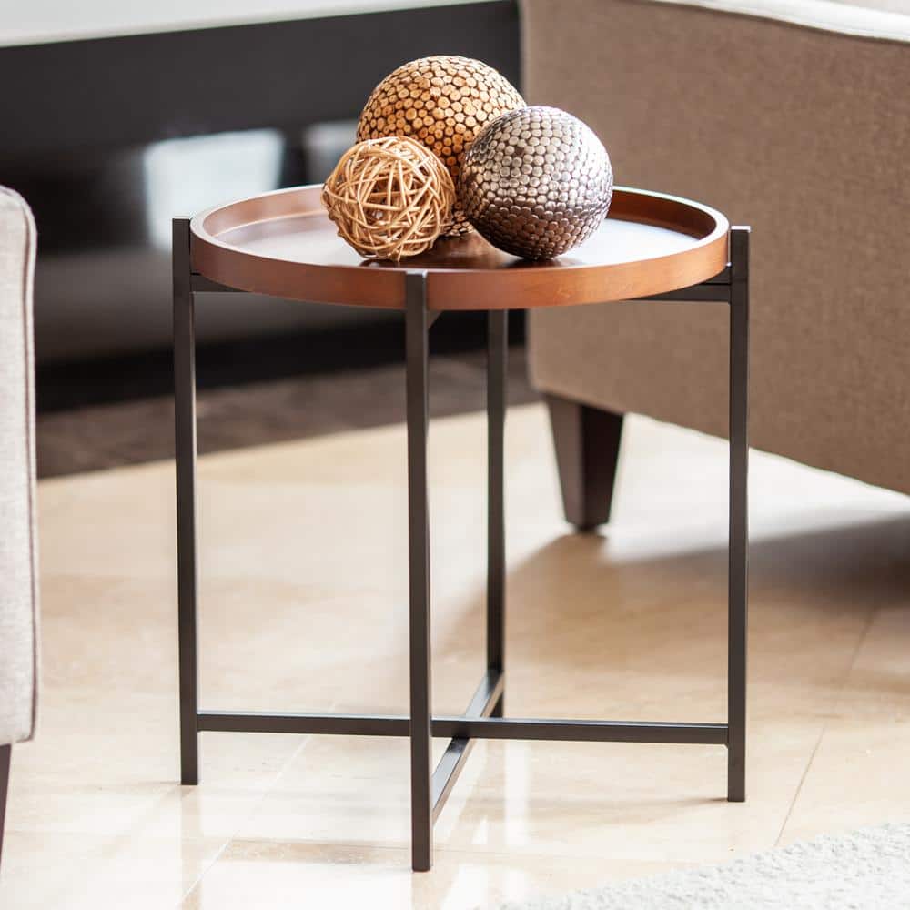 Mid-Century Modern Round Walnut Wood and Black Metal Side Table