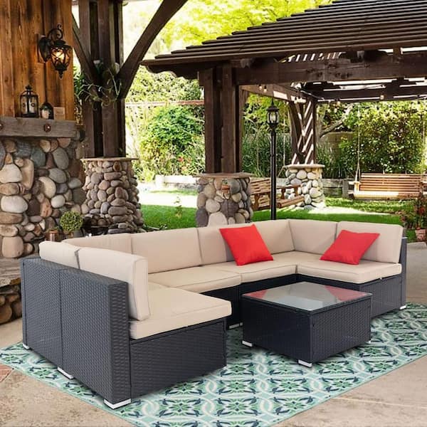 Suncrown Black Brown 7 Piece Wicker Outdoor Sectional Set with