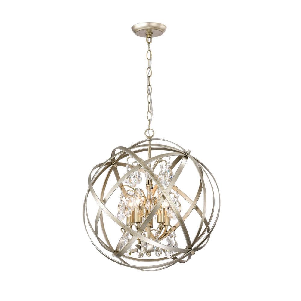 Champagne Metal and Crystal Orb 5-Light Chandelier