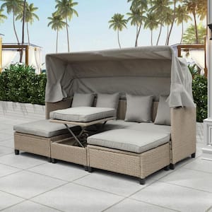 4-Piece Brown Wicker Patio Outdoor Sofa Sectional Set with Gray Cushions, Retractable Canopy and Lifting Table