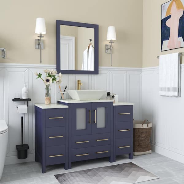 Vanity Art Ravenna 48 in. W Single Basin Bathroom Vanity in Blue with White Top in Engineered Marble Top and Mirror