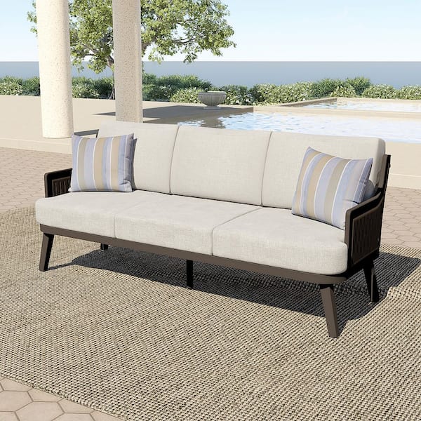 NEW CLASSIC HOME FURNISHINGS New Classic Furniture Genova Powder Coated Aluminum Outdoor Couch with Beige Cushions