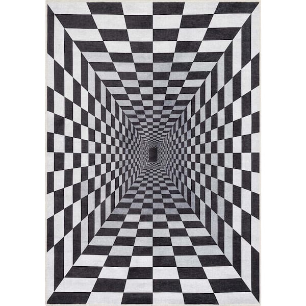 Apollo Warp Hole Modern Optical Illusion Black Ivory 3 ft. 3 in. x 5 ft. Area Rug