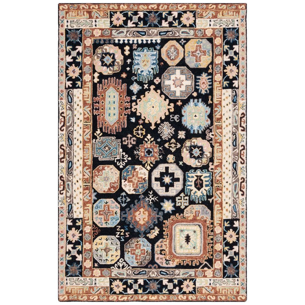 Handmade Black and Ivory Geometric Wool Round Area Rug