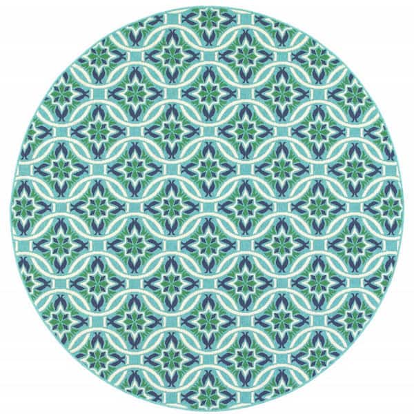Blue, Green 8 ft. x 8 ft. Loomed Geometric Polypropylene Round Indoor/Outdoor Area Rug