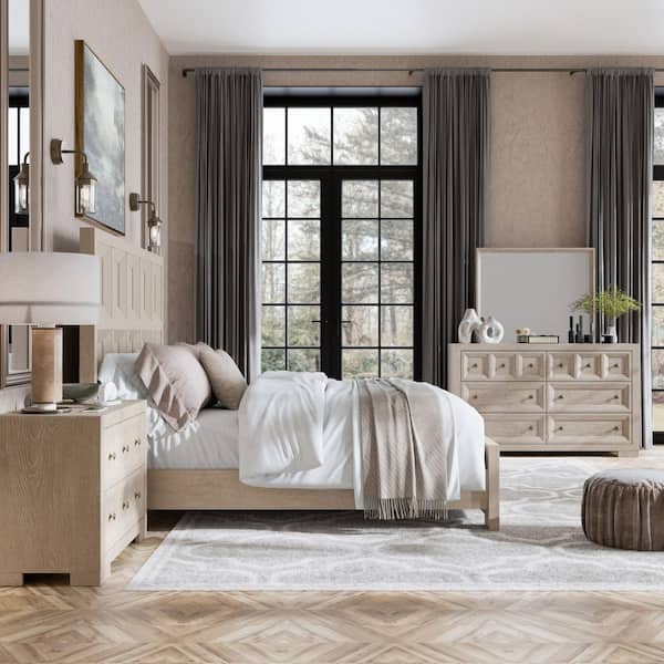 Flonnin 4-Piece Modern Classic Tawny Wood Queen Panel Bedroom Set with Oversized Nightstand and Dresser/Mirror