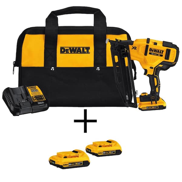 DEWALT 20V MAX XR Lithium-Ion 16-Gauge Cordless Angled Finish Nailer Kit with (3) 2.0Ah Batteries, Charger and Bag