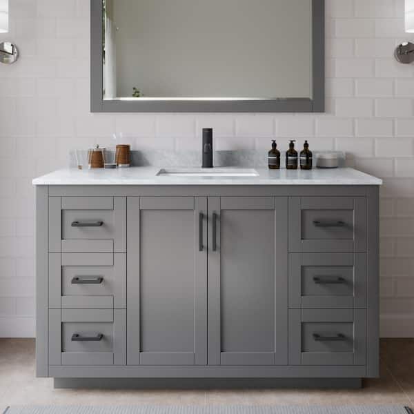 Wyndham Collection Miranda 54 in. W x 22 in. D x 33.75 in. H Single Sink Bath Vanity in Dark Gray with White Carrara Marble Top and Mirror