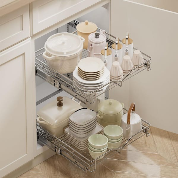 Chrome Pull Out Cabinet Organizer, 2 Tier Standing Pull Out Drawers, Cabinet Pull Out Shelves, Wire Slide-Out Shelf