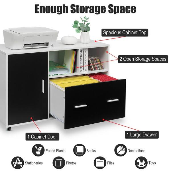 Costway 3-Drawer Wood File Cabinet Mobile Lateral Printer Stand with Open  Storage Shelves