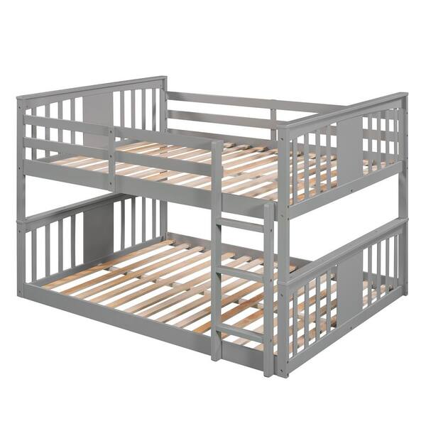 URTR Gray Full Over Full Bunk Bed with Ladder, Wooden Low Bunk Bed Frame for Kids, Teens, No Box Spring Needed