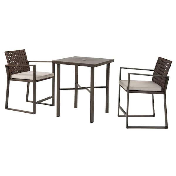 Sudzendf Brown 3-Piece Metal Outdoor Counter Height Patio Conversation Set with Beige Cushions and Coffee Table