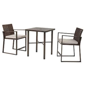 Brown 3-Piece Metal Outdoor Counter Height Patio Conversation Set with Beige Cushions and Coffee Table