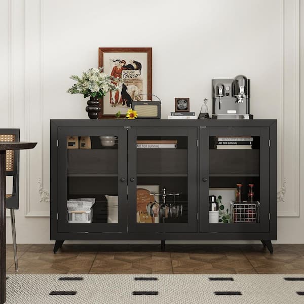 FUFU&GAGA Black Wooden 59 in. Width Accent Storage Cabinet, Sideboard with 3-Drawers, 4-Shelves, 3-Glass Doors and Thick Frame