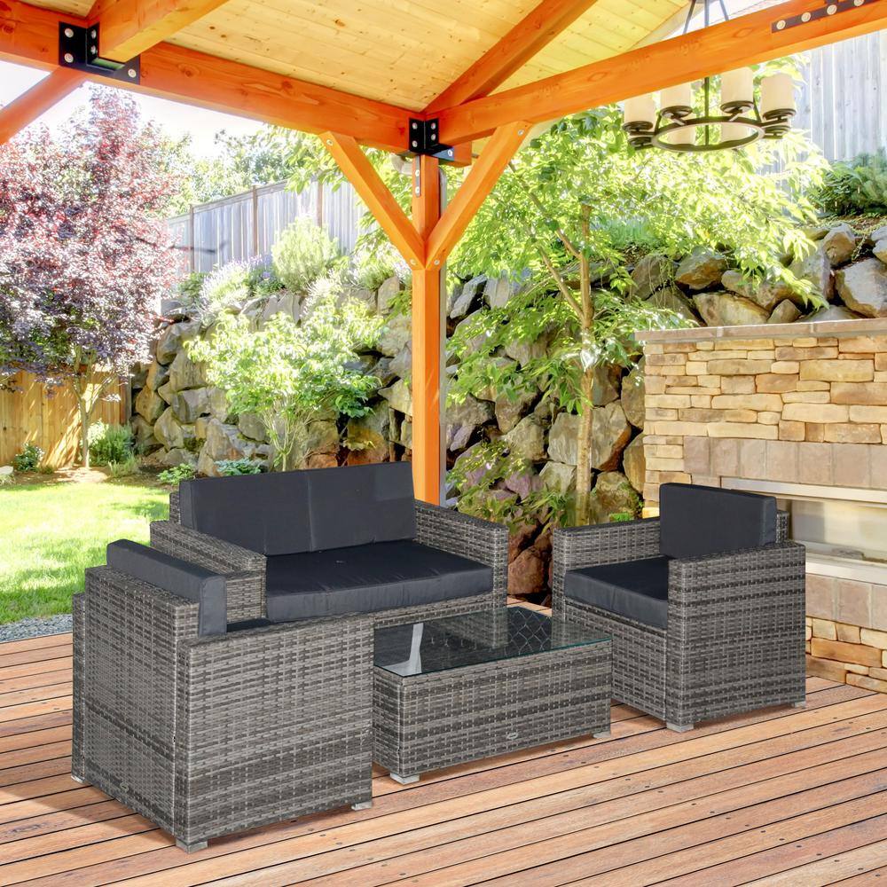 Outsunny 4-Piece Black Rattan Wicker Outdoor Furniture Set