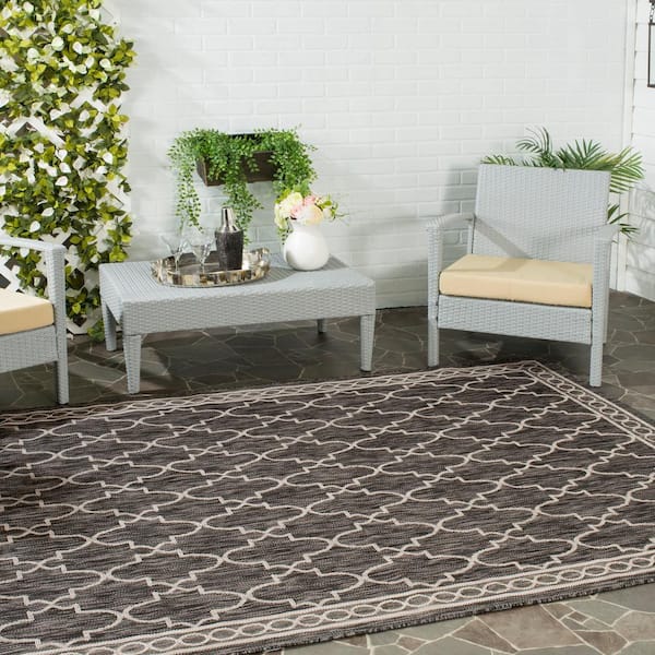 Courtyard Black/Beige 5 ft. x 8 ft. Border Indoor/Outdoor Patio  Area Rug