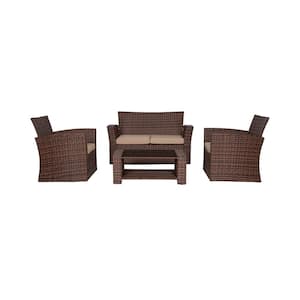 Hudson 4-Piece Brown Wicker Outdoor Patio Loveseat and Armchair Conversation Set with Beige Cushions and Coffee Table