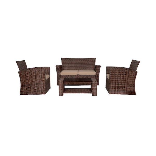 WESTIN OUTDOOR Hudson 4-Piece Brown Wicker Outdoor Patio Loveseat and Armchair Conversation Set with Beige Cushions and Coffee Table