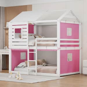 Pink Full Over Full Wood Frame House Bunk Bed with Ladder, Tent and Roof Design