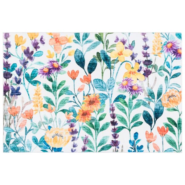SAFAVIEH Door and Kitchen Mat Ivory/Green 4 ft. x 6 ft. Machine Washable Floral Area Rug