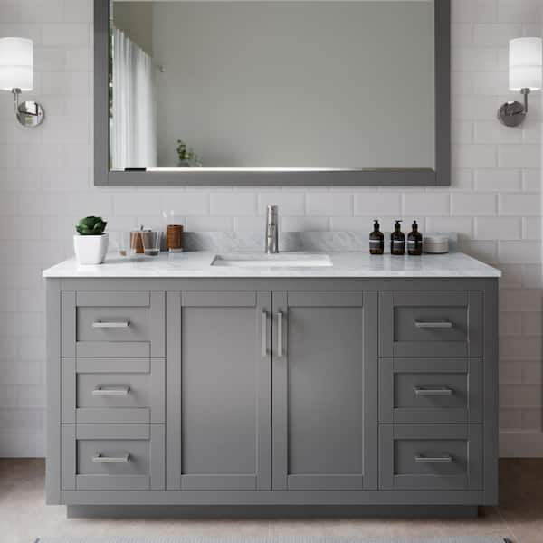 Wyndham Collection Miranda 60 in. W Single Bath Vanity in Dark Gray with Marble Vanity Top in White Carrara with White Basin