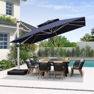 12 ft. Square High-Quality Aluminum Cantilever Polyester Outdoor Patio Umbrella with Stand, Navy Blue