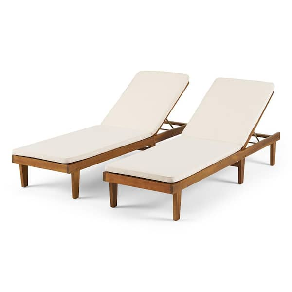 Nadine Teak Brown 2-Piece Wood Outdoor Patio Chaise Lounge with Cream Cushions